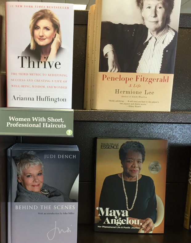 Women with Short, Professional Haircuts bookstore display with books featuring professional women